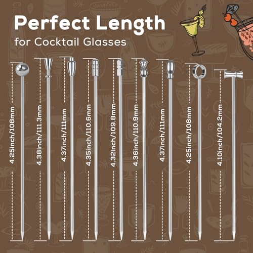 Metal Martini Cocktail Picks 9 Pcs, 4.1 in Olive Skewers Stainless Steel, Martini Garnish Sticks Reusable, Metal Toothpicks for Drinks, Appetizers, Bar Accessories Gift for Bartenders - Sliver