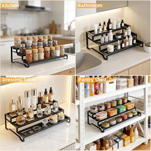 PEEKUP 3-Tier Spice Rack Organizer, 13"-21.5" Expandable Spice Organization Shelf, Metal Seasoning Organizer for Kitchen Countertop or Pantry, Slip-Resistant Design for Jars and Bottles, Black