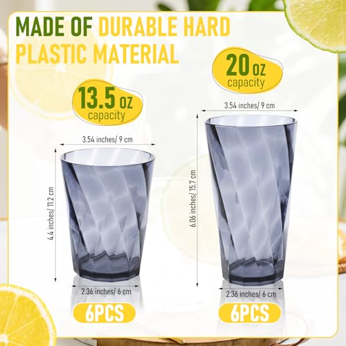 LemonRoad 12 Pack Reusable Plastic Drinking Glasses Set - 20oz & 13.5oz Stackable Tumbler, Shatter-resistant Highball Cups for Water, Cocktail, Iced Coffee, Indoor Outdoor Use, BBQ, Patio, Pool (Grey)