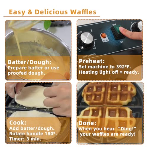 Hehinton® 110V 1300W Commercial Belgian Waffle Maker, 180 Degree Rotatable Waffle Baker Machine with 122-572℉ Temp Control, 0-5min Timer, φ7"X1.2" Thick Non-Stick Dough/Batter Round Waffle Maker