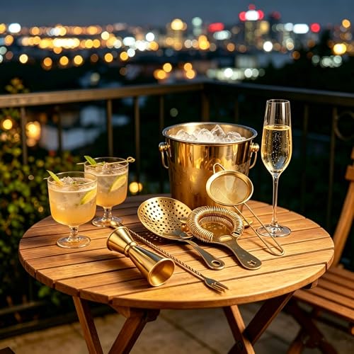 Homestia 5-Piece Gold Cocktail Strainer Set, Stainless Steel Hawthorne + Julep + Fine Mesh Strainers with Bar Spoon & Jigger, Professional Bartending Tools Bar Mixing Kit