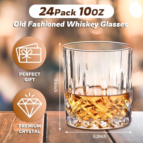 Ayearparty 24 Pcs Old Fashioned Whiskey Glasses Bulk 10 Oz Bourbon Glass Cocktail Rocks Glasses for Whiskey Bourbon Vodka Liquor and Cocktail Drinks Gift for Father