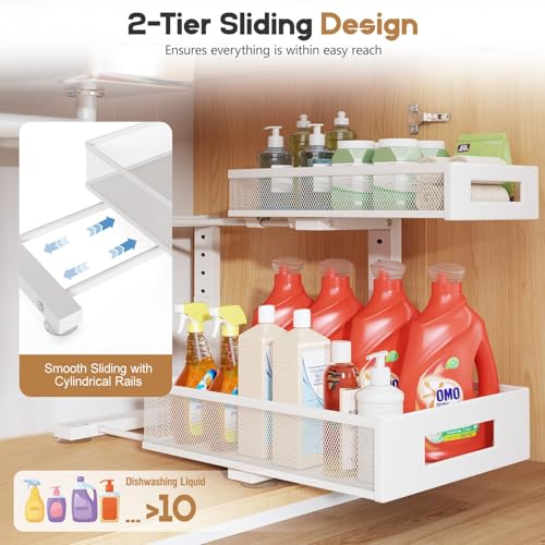 2-Pack Under Sink Storage Organizer, Large 2-Tier Elegant Mesh Pull Out Shelf for Kitchen and Bathroom Cabinet Organization, L-Shaped and Adjustable Height Design for Maximum Space Efficiency-White