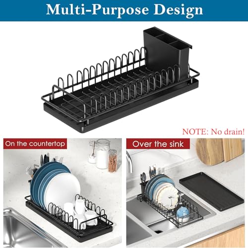 XYZLVSI Compact Small Dish Rack Sink Drying Rack with Silicone Mat, Stainless Steel Dish Drainer for Kitchen Cabinet, Kitchen Sink Rack,Dish Holder, Black
