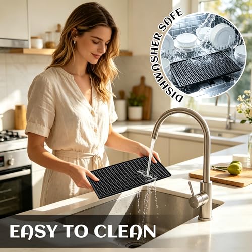 XieNie Bar Mat, 6" x 12" Black Small Coffee Mat for Home Bar Kitchen Countertop, Non-Slip Service Spill Mat for Cocktail Bartender Accessories, PVC Counter Top Cup Glasses Drying Mats, 1Pac