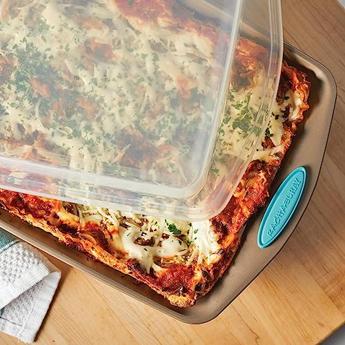 Rachael Ray 47578 Cucina Nonstick Bakeware Set with Grips Includes Nonstick Bread Pan, Baking Sheet, Cookie Sheet, Baking Pans, Cake Pan and Muffin Pan - 10 Piece, Latte Brown with Agave Blue Grips