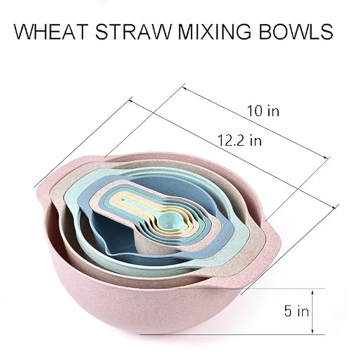 Foni Fox Plastic Mixing Bowls Set 8/10 PCS with Measuring Spoon, Colorful Serving Bowls for Kitchen, Ideal for Baking, Prepping, Nesting Bowls for Space Saving Storage (Wheat)