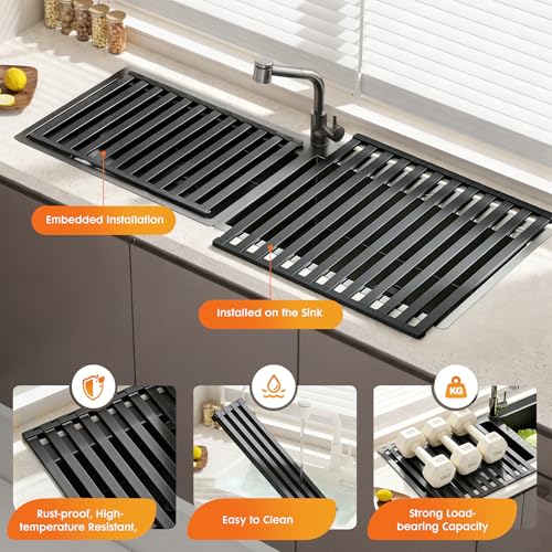 Volminex Foldable Over Sink Dish Drying Rack, Extra Wide & Thick Rust-Proof Aluminum Sink Cover for Counter Space, Collapsible Dish Drying Rack Fits Most Kitchen Sinks (Black, 17.7“x13.6)