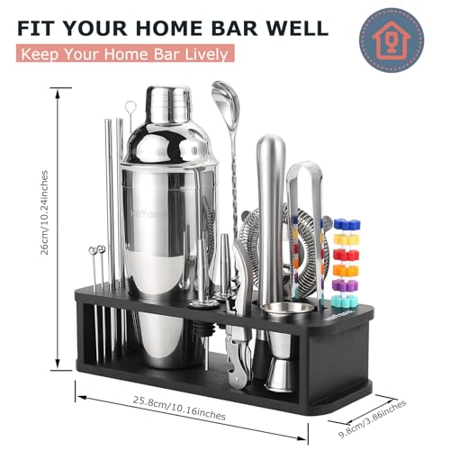 HMYBAR® 22-Piece Cocktail Shaker Set, Mixology Bartender Kit with 24oz Cobbler Shaker, Home Bar Tool Set with Black Bamboo Stand, 39 Recipe Cards, Glass Markers, Gift for Men & Dad