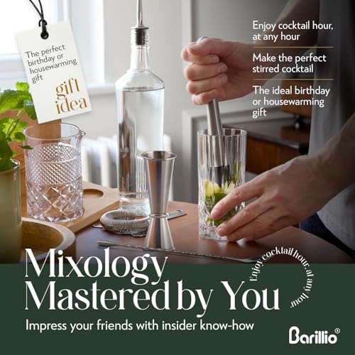 Barillio 24 Oz Crystal Cocktail Mixing Glass with Bamboo Stand & Bar Tools | Seamless Lead-Free Crystal, Weighted Base Stirring Pitcher | Including Muddler, Mixing Spoon, Jigger and Strainer
