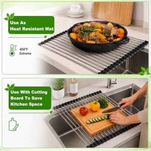 CHIRISEN Expandable Roll Up Dish Drying Rack Over the Sink Drying Rack for Kitchen Counter, Large Stainless Steel Dish Drainer Over Sink Dish Drying Rack Foldable, Collapsible, 21.14''x12'', 18Tube