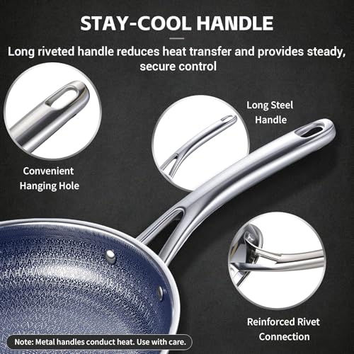 Ammeloo Hybrid Tri-Ply Stainless Steel Frying Pans Set, 8"/9.5"/11" Cooking Pans, Non Stick Frying Pans and Skillets, Chef Pan, Non Toxic, Dishwasher Safe, Induction Compatible, Blue Interior