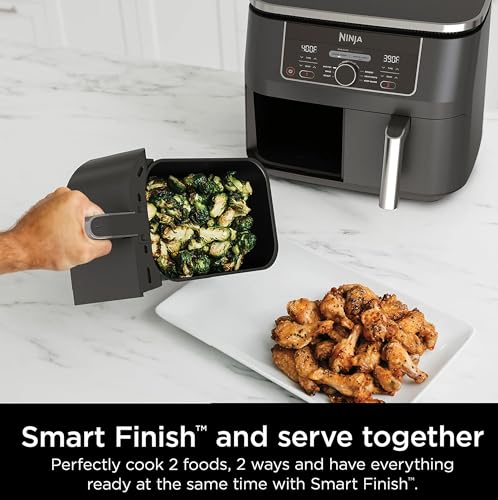 Ninja AD150 Foodi 8 Quart 6-in-1 DualZone 2-Basket Air Fryer with 2 Independent Frying Baskets, Match Cook & Smart Finish to Roast, Broil, Dehydrate & More for Quick, Easy Meals, Black (Renewed)