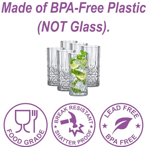 Amazing Abby - Vika - 18-Ounce Plastic Highball Glasses (Set of 6), Plastic Cocktail Glasses, Reusable, BPA-Free, Shatter-Proof, Dishwasher-Safe, Perfect for Poolside, Outdoors, Camping, and More