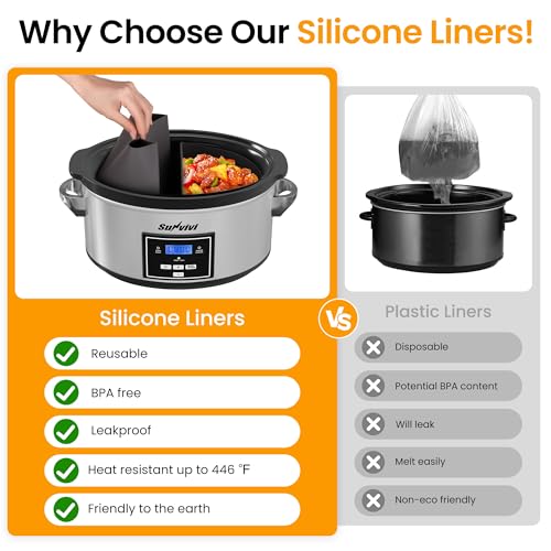 SUNVIVIPRO Programmable Slow Cooker, Multi-Cooker with 2 in 1 Silicone Slow Cooker Liners, 6 QT Food Warmer with Digital Timer, 3 Adjustable Temp & Dishwasher Safe Parts, Stainless Steel, Silver