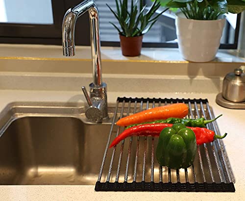 SHUYUE Roll up Dish Drying Rack Over The Sink Portable Stainless Still Rolling Rack Folding Mat for Kitchen Counter (Black, 17.7''LX11.8''W)
