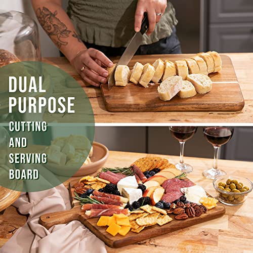 Acacia Wood Cutting Board and Chopping Board with Handle for Meat, Cheese Board, Vegetables, Bread, and Charcuterie - Decorative Wooden Serving Board for Kitchen and Dining Room, Large 17" x 13"