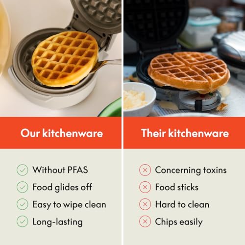 bella Snack-n-Store Mini Waffle Maker, EverGood™ Ceramic Nonstick Coating, Cord Wrap, Ready Indicator Light & Cool Touch Handles, Stackable Design & Customizable Plates, 350 Watt, Oatmilk