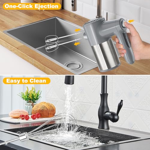 Cordless Electric Hand Mixer, 7 Speed Rechargeable Wireless Handheld Mixer with Eject Button, Long Battery, Quiet Anti-Splash, 6×304 Stainless Steel Attachments & Storage Base for Baking (Silver)