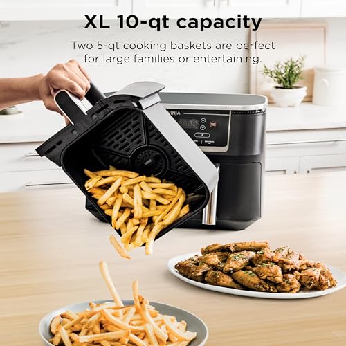 Ninja DZ550 Foodi 10 Quart 6-in-1 DualZone Smart XL Air Fryer with 2 Independent Baskets, Smart Cook Thermometer for Perfect Doneness, Match Cook and Smart Finish to Roast, Dehydrate and More, Black