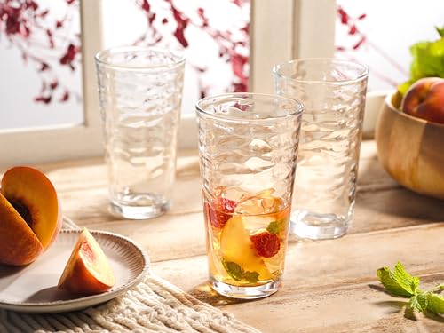 Glaver's Hammered Glass Cups. Cocktail Drinking Glasses Set of 6 Tall Kitchen Glasses, 17 oz Water Glassware For Bar, Juice, Beer, Iced Tea, Everyday Cordial Glasses Drinkware.