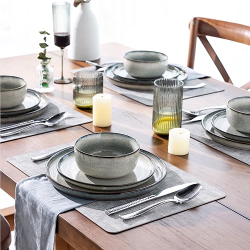 GBHOME Ceramic Dinnerware Sets for 4, 12 Pieces Stoneware Plates and Bowls Sets, Reactive Glaze Dishes -Scratch Resistant, Dishwasher&Microwave Safe, Green Wheat