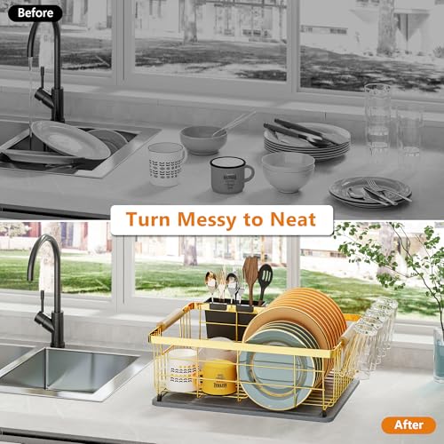 IBEDMAZIE Dish Drying Rack Gold with Diatomaceous Earth 1 Tier,Multifunctional Dish Racks for Kitchen Counter Quick-Drying,Large Capacity Space Saving with Cutlery Cups Holder