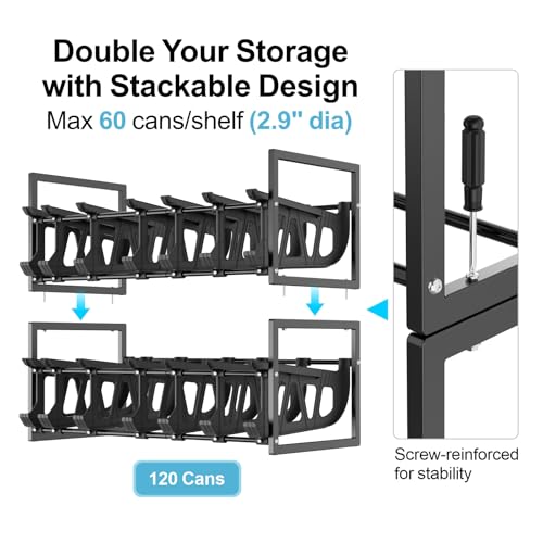 iSPECLE Expandable Can Organizer for Pantry, Large Capacity 60 Cans Can Storage Organizer Pantry Rack, Auto Rolling Dispenser & Stackable Metal Wire Holder for Deep Pantry Shelves, Black