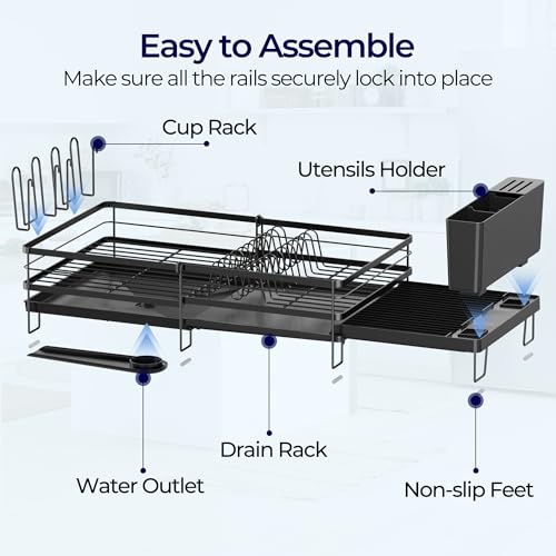 Pantasia Large Dish Drying Rack, Expandable Dish Rack for Kitchen Counter, Dish Drainer with Drainboard Set, Multifunctional Dishrack with Utensil & Cup Holder, 13.4"-28.7" L x 11.8" W x 7.8" H, Black