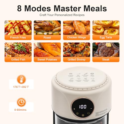 Tiozuiu 8-in-1 Glass Air Fryer, 4.5Qt Capacity Non Toxic Air Fryer, 360° Viewable Bowl, Touchscreen Display, Precise Temperature(175°F - 400°F), 1200W Oil Cooking Dishwasher Safe Glass Pot - White