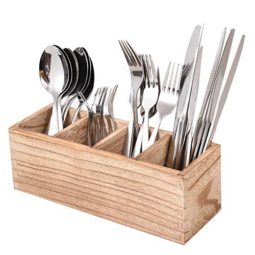 WuGeShop Wood Cutlery Caddy, Kitchen Utensil Organizer with 4 Compartments, Silverware Storage Kitchen Countertop Flatware Organizer