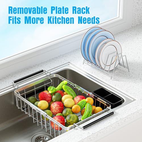 Dolreiik Expandable Over The Sink Dish Drying Rack, Anti-Rust Stainless Steel in Sink Dish Drainer with Cutlery Holder, Counter Space Saving Sturdy Sink Drying Rack for Many Kitchen Drain Task