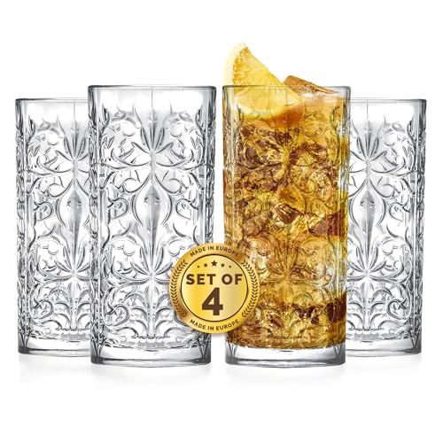 Barski Highball Glass - Drinking Glasses - Set of 4 - Hiball Tumblers - Glass Crystal Tumbler - for Water, Juice, Beer, Mixed Cocktails, Mojito Glass, Tom Collins Bar Glassware, 13 oz, Made in Europe