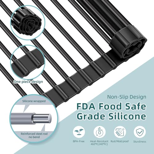 Ohuhu Over The Sink Dish Drainer Drying Rack, 17.6" W x 15.4" L Roll Up Dish Racks Kitchen Sink Organizer Silicone Wrapped Large in Sink Dish Drying Rack Foldable Rolling Drain Mats Anti-Slip