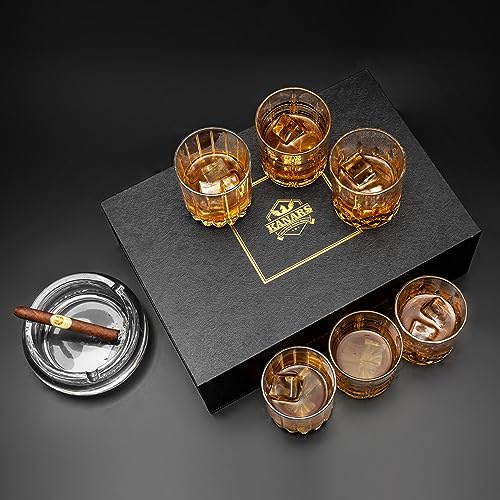 KANARS Crystal Whiskey Glasses, Mixed 10 Oz Scotch Glasses Set of 6, Rock Bar Tumblers 3 Patterns in Luxury Gift Box for Birthday, Anniversary, Housewarming, Father's Day and Wedding