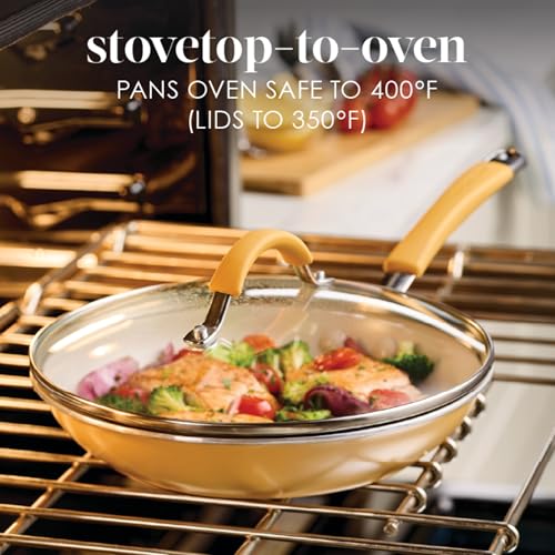 Rachael Ray Cucina Ceramic Nonstick Pots and Pans Set with Saucepans, Frying Pans, Stockpot, Lids, and Pan Protectors, 10 Piece Non Stick Cookware Set, Dishwasher Safe - Turmeric Yellow