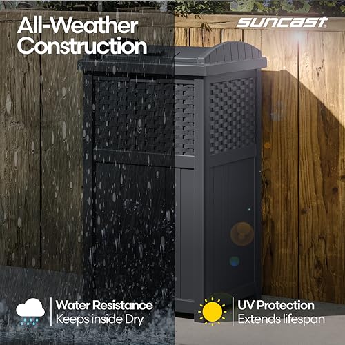 Suncast 33 Gallon Wicker-Style Hideaway Trash Can with Secure Latching Lid and Weather-Resistant Construction for Patio, Cyberspace Grey, Made in the USA