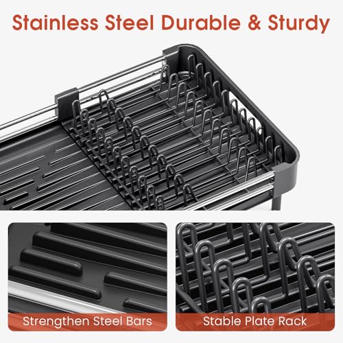 TOOLF Dish Drying Rack Expandable Drainer w/Cutlery & Cup Holder, Black