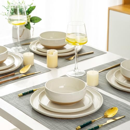 AmorArc Ceramic Dinnerware Sets with Pasta Bowls for 6, Handpainted Plates and Bowls Set with Rustic Terracotta Underside, Scratch Resistant Dishes Set, Dishwasher & Microwave Safe, 24 Pcs