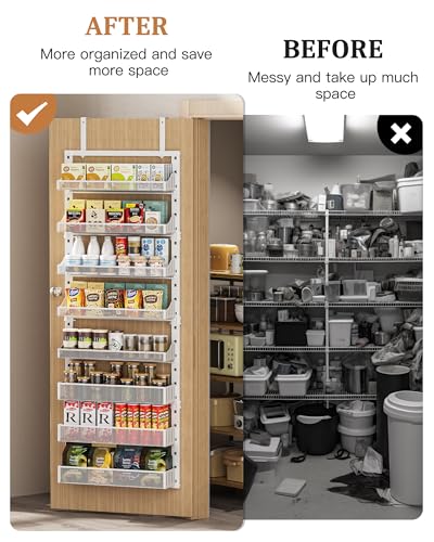 POKIPO Over the Door Pantry Organizer 8-Tier, Large Metal Door Spice Rack with Adjustable Basket, 2 in 1 Wall Mount or Hanging Heavy-Duty Pantry Door Storage Shelf for Kitchen and Bathroom, White