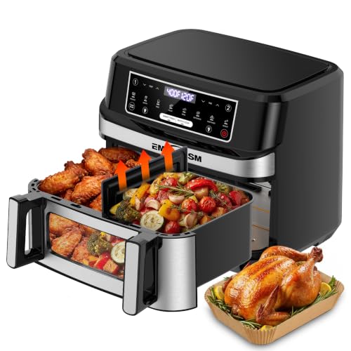 Emphsism 12QT Large Dual Zone Air Fryer with Divider, Match Cook & Smart