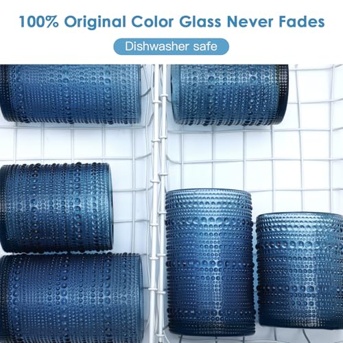 KMIGRUAN Large Hobnail Drinking Glasses Set of 6, 15oz Blue Vintage Glassware, Embossed Glass Cups, Water Tumbler, Highball Glasses For Beer, Juice And Various Mixed Drinks