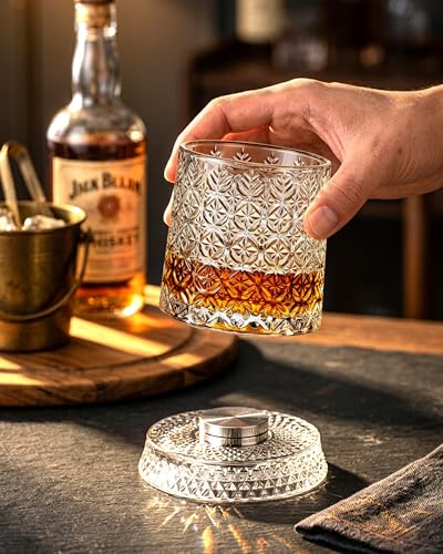 CEEFU Old Fashioned Whiskey Glasses with 360° Rotating Base, Set of 2 (2 Crystal Glasses Set, 2 Big Ice Ball Molds) In Gift Box - Bourbon, Cocktail, Rocks, Bday Gifts Ideas for Men, Snowflake Pattern