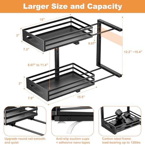 mixeshop Under Sink Organizer, 2 Tier Under Sink Organizers and Storage, Adjustable Height, Slide out Metal Cabinet Organizers, Pull out Cabinet Storage Drawer Shelf for Kitchen Bathroom (Black, 2)