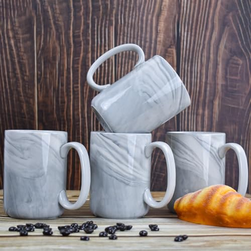 NBABSR Coffee Mugs Set of 4,16 OZ Large Tea Cups, Grey Marble Ceramic Cup with Big Handle,Bulk Marble Diner Mugs Set for Latte, Beer,Cappuccino,Microwave Dishwasher Safe Cup for Men Women Gift
