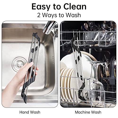 Tomorotec Foldable Stainless Steel Triangle Roll-Up Dish Drying Rack for Small Sink Corners - Over-The-Sink Multipurpose Kitchen Drainer, Rustproof Organizer, Trivet and Shelf - Space-Saving (Black)