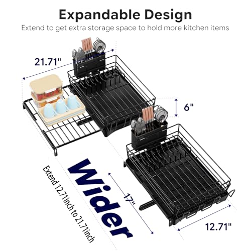 Simple Trending Dish Rack - Expandable Dish Drying Rack for Kitchen Counter, Large Capacity Dish Drainers, Stainless Steel Dish Strainer with Utensil & Cup Holders, Black