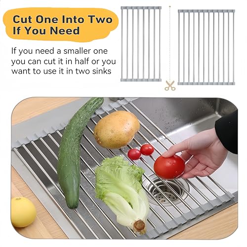 Sayehuanye Roll Up Dish Drying Rack 17.7" x 11.8" Over The Sink Dish Drying Rack, Kitchen Dish Rack Stainless Steel Dish Drying Rack for Kitchen Sink Counter Storage (Grey)