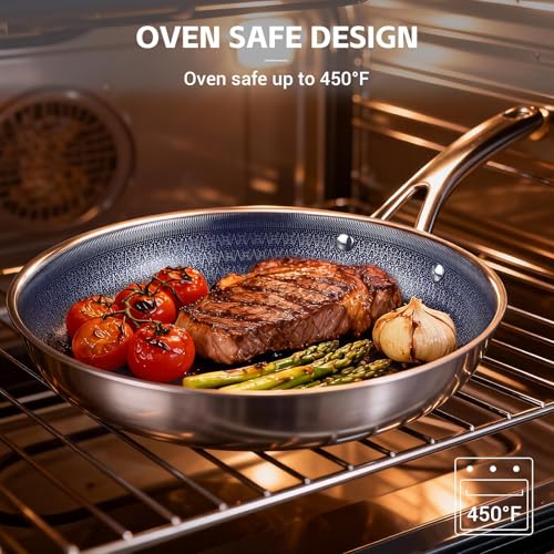 Ammeloo Hybrid Tri-Ply Stainless Steel Frying Pans Set, 8"/9.5"/11" Cooking Pans, Non Stick Frying Pans and Skillets, Chef Pan, Non Toxic, Dishwasher Safe, Induction Compatible, Blue Interior