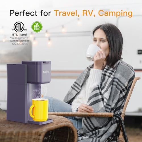 Tastyle Mini Hot and Iced Coffee Maker Single Serve, for K Cup and Ground, 6 to 14 Oz Brew Sizes, with Recipe Book, for Home, Travel, RV, Office and Dorm, Violet